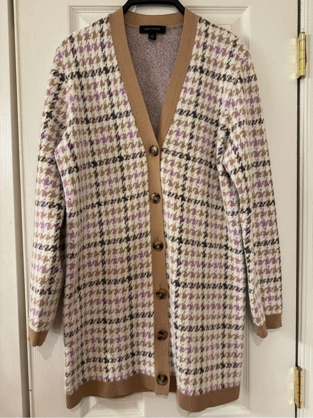 Ann Taylor Boyfriend Houndstooth Long Cardigan Sweater Plaid Jacket Brown Pink M